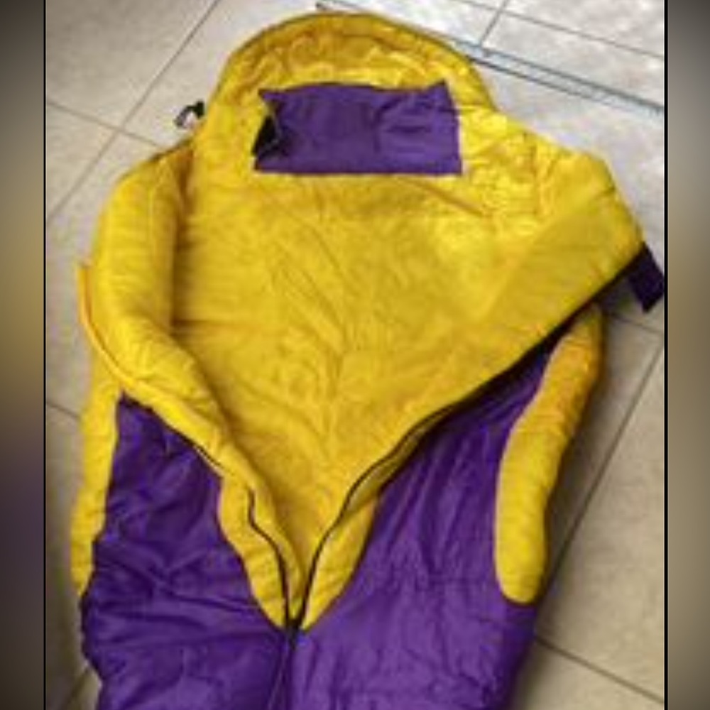 Kids sleep cell purple and yellow sleeping bag with back pack straps